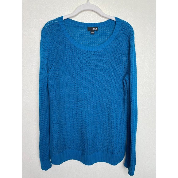 A.N.A Large Knit Ribbed Sweater Blue Pullover Long Sleeve Scoop Neck Stretch - Picture 1 of 9